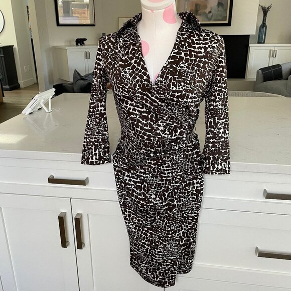 Jacob 3/4 Slv Poly Blend Animal Print Wrap Dress Chocolate Brown + White Sz XS - Picture 1 of 14